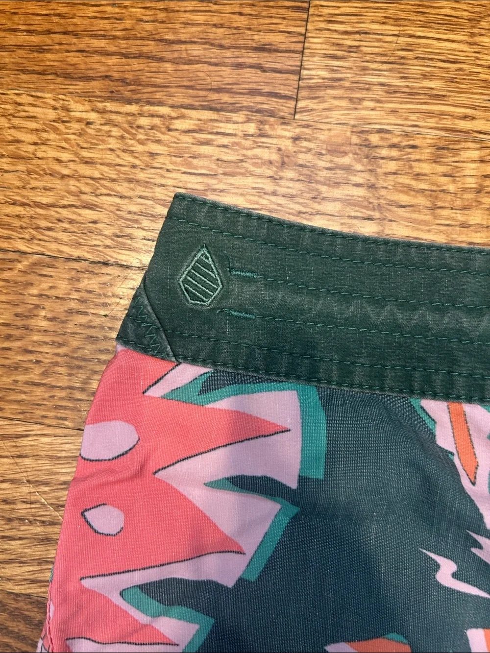 Volcom Dark Green Swim Shorts with Coral & Mint Tropical Print - Size 32
